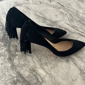 Loeffler Randall black suede fringe pumps